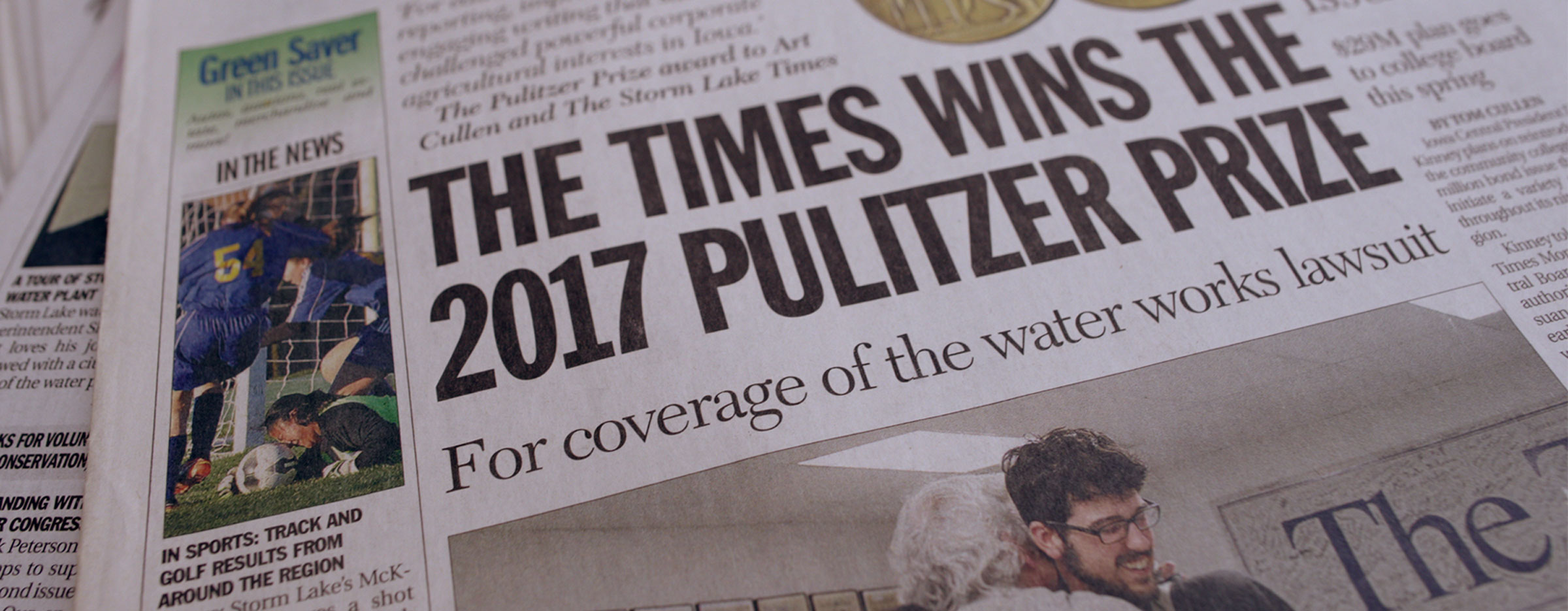 Storm Lake newspaper closeup, "The Times Wins the Pulitzer Prize"