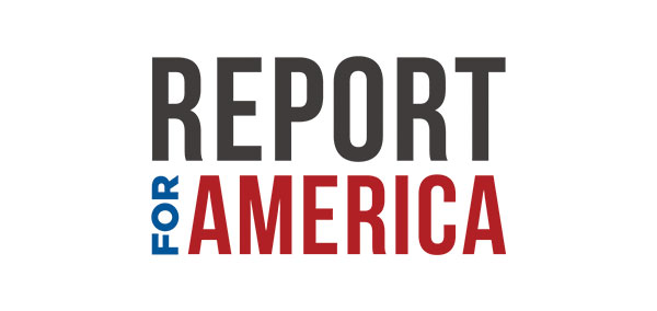 Report for America logo in black red and blue text